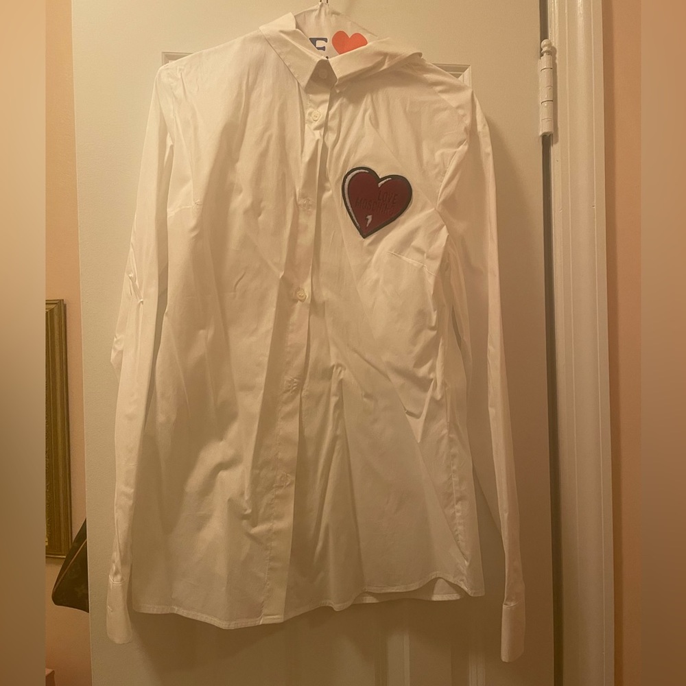 Moschino white button down with heart patch detail